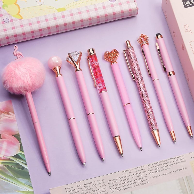 WEMATE 8Pcs Ballpoint Pens Set Metal Crystal Diamond Glitter for Journaling Pink Pen Bling in Black & Blue Ink Pretty Cute Fancy Mothers Day Gift for Women Wedding School Office Desk(Pink) - Image 1